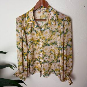 Ee:some Floral Button Front Blouse | Yellow Pink Green | Size Small